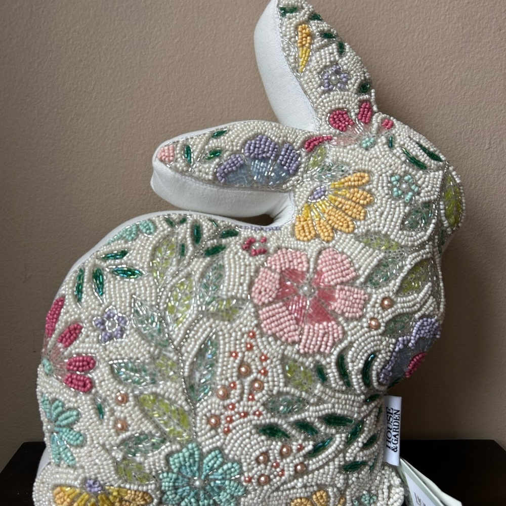 House & Garden Beaded Easter Bunny Rabbit Shaped Pillow 15”x10” Floral New - Picture 2 of 3